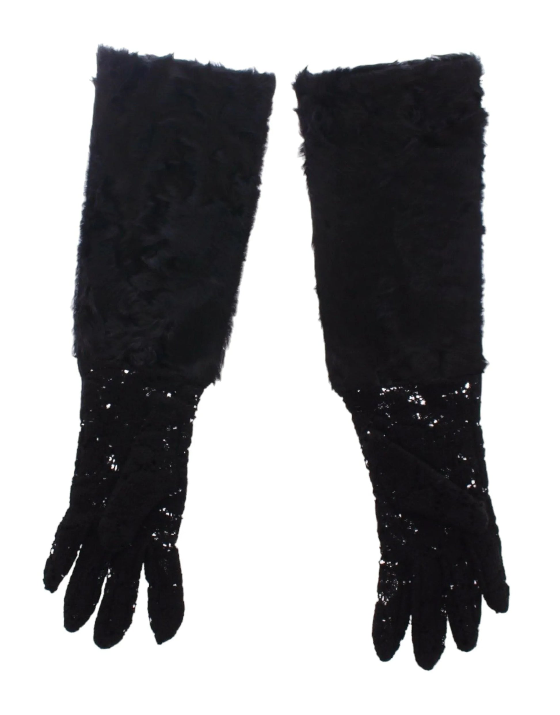 Black Lace Wool Lambskin Fur Elbow Gloves-Dolce & Gabbana-LabelTerrace.com