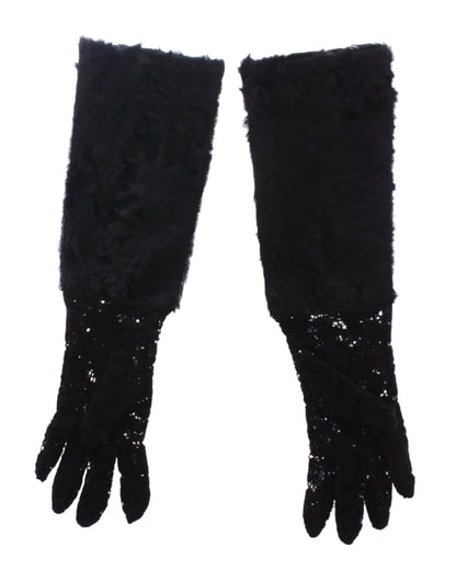 Black Lace Wool Lambskin Fur Elbow Gloves-Dolce & Gabbana-LabelTerrace.com