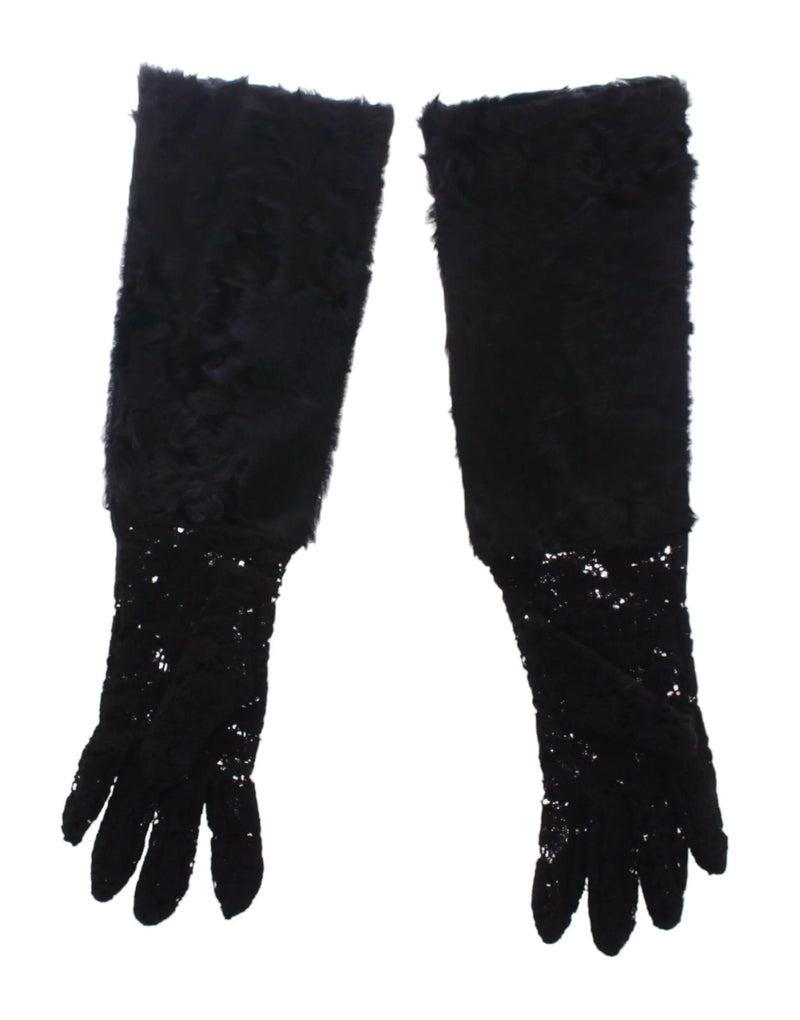 Black Lace Wool Lambskin Fur Elbow Gloves-Dolce & Gabbana-LabelTerrace.com