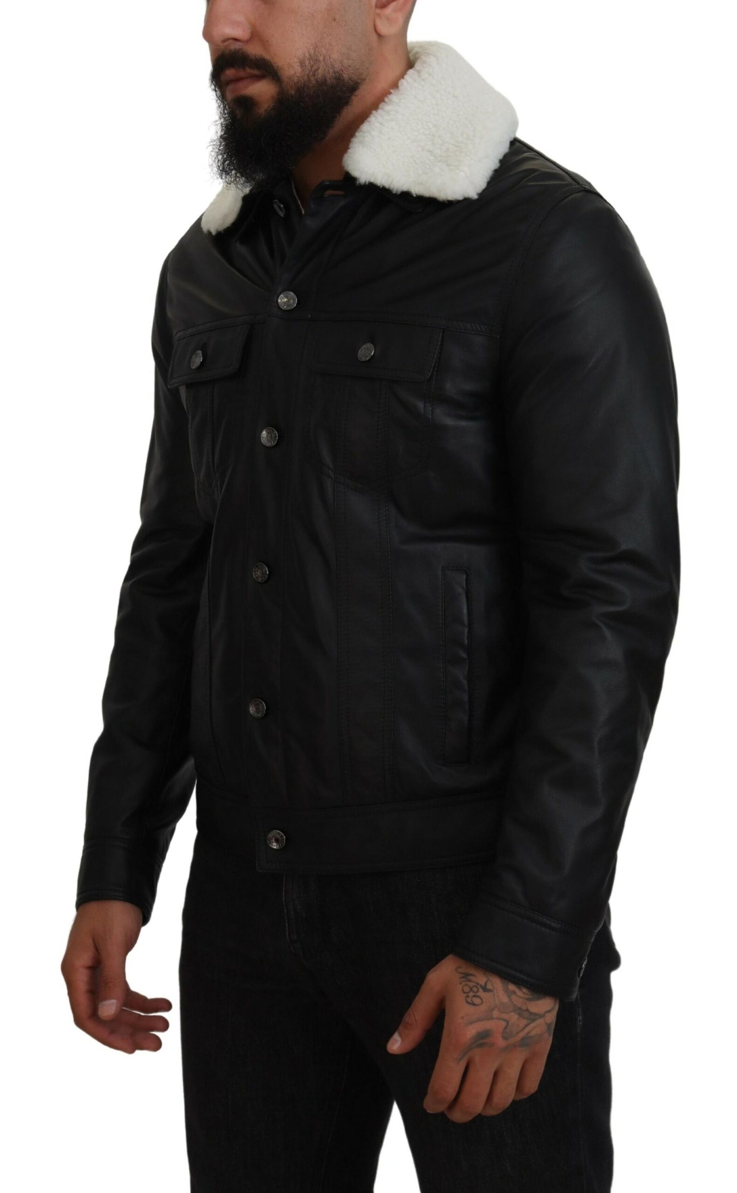 Black Lamb Leather Collared Men Coat Jacket-Dolce & Gabbana-LabelTerrace.com