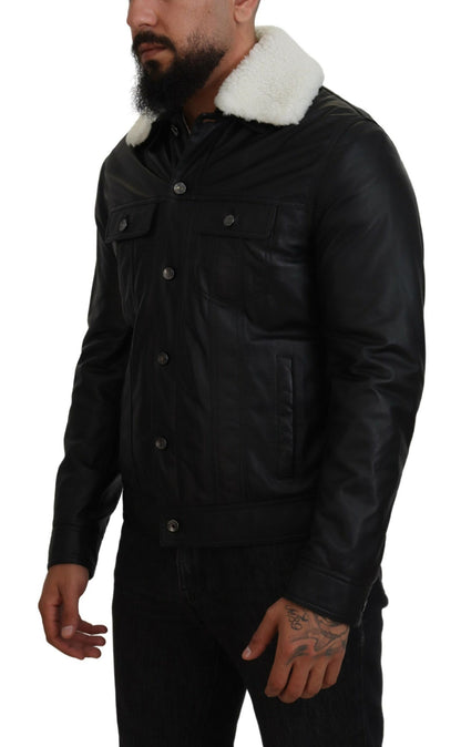 Black Lamb Leather Collared Men Coat Jacket-Dolce & Gabbana-LabelTerrace.com