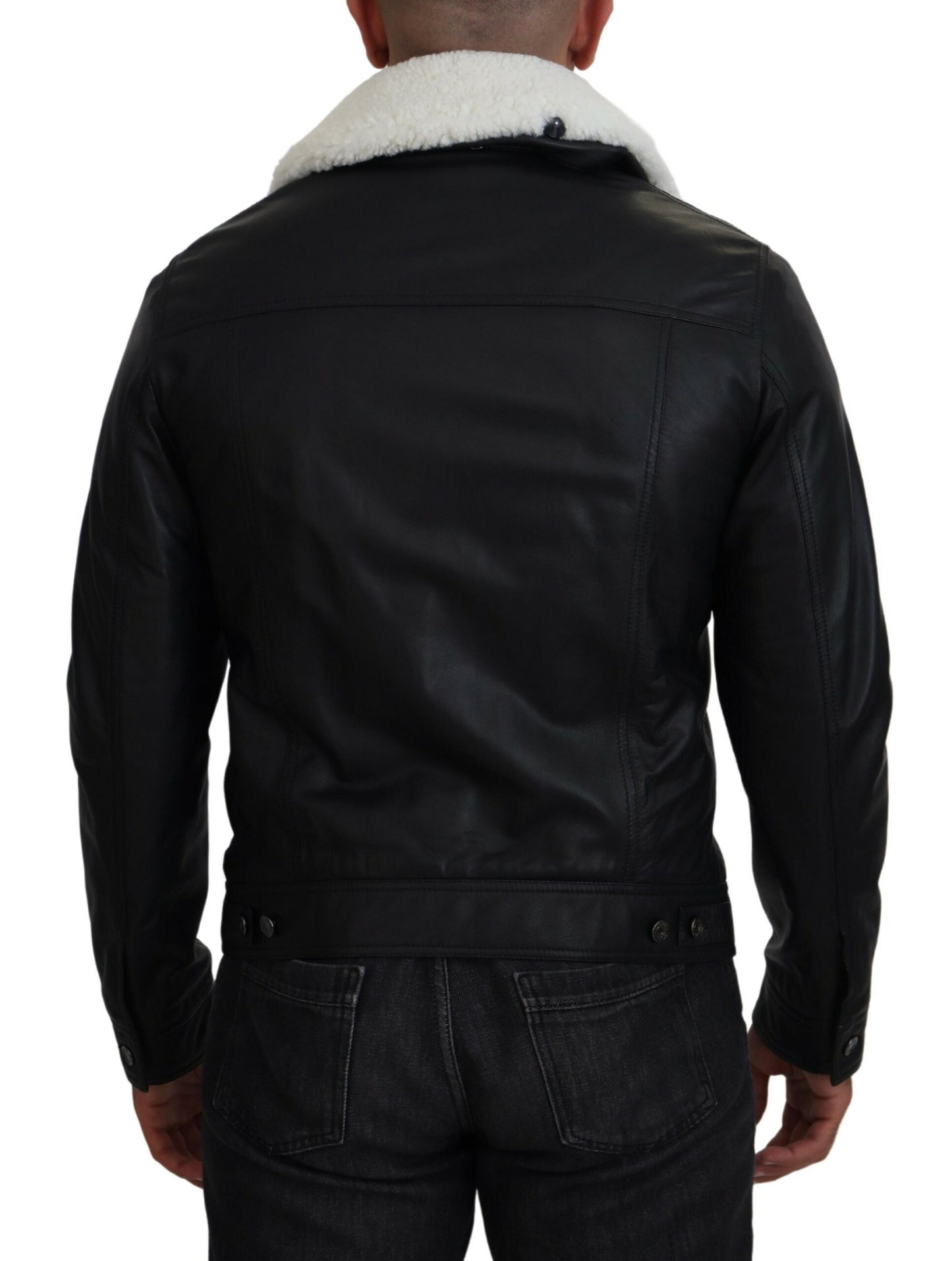 Black Lamb Leather Collared Men Coat Jacket-Dolce & Gabbana-LabelTerrace.com