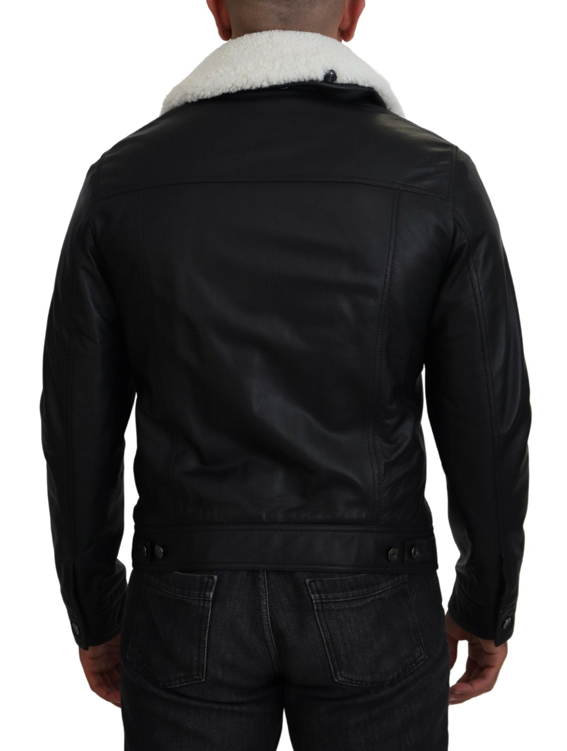 Black Lamb Leather Collared Men Coat Jacket-Dolce & Gabbana-LabelTerrace.com