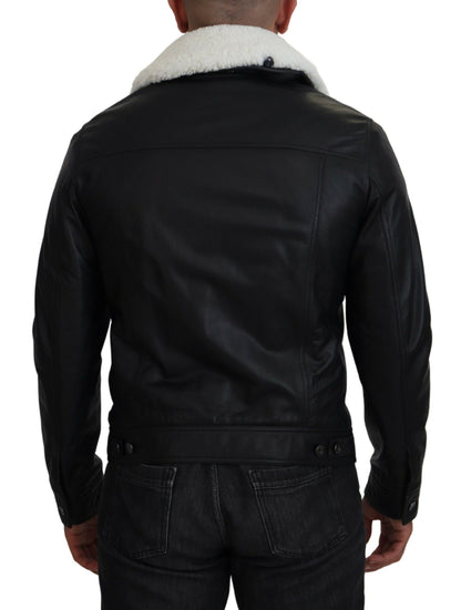 Black Lamb Leather Collared Men Coat Jacket-Dolce & Gabbana-LabelTerrace.com