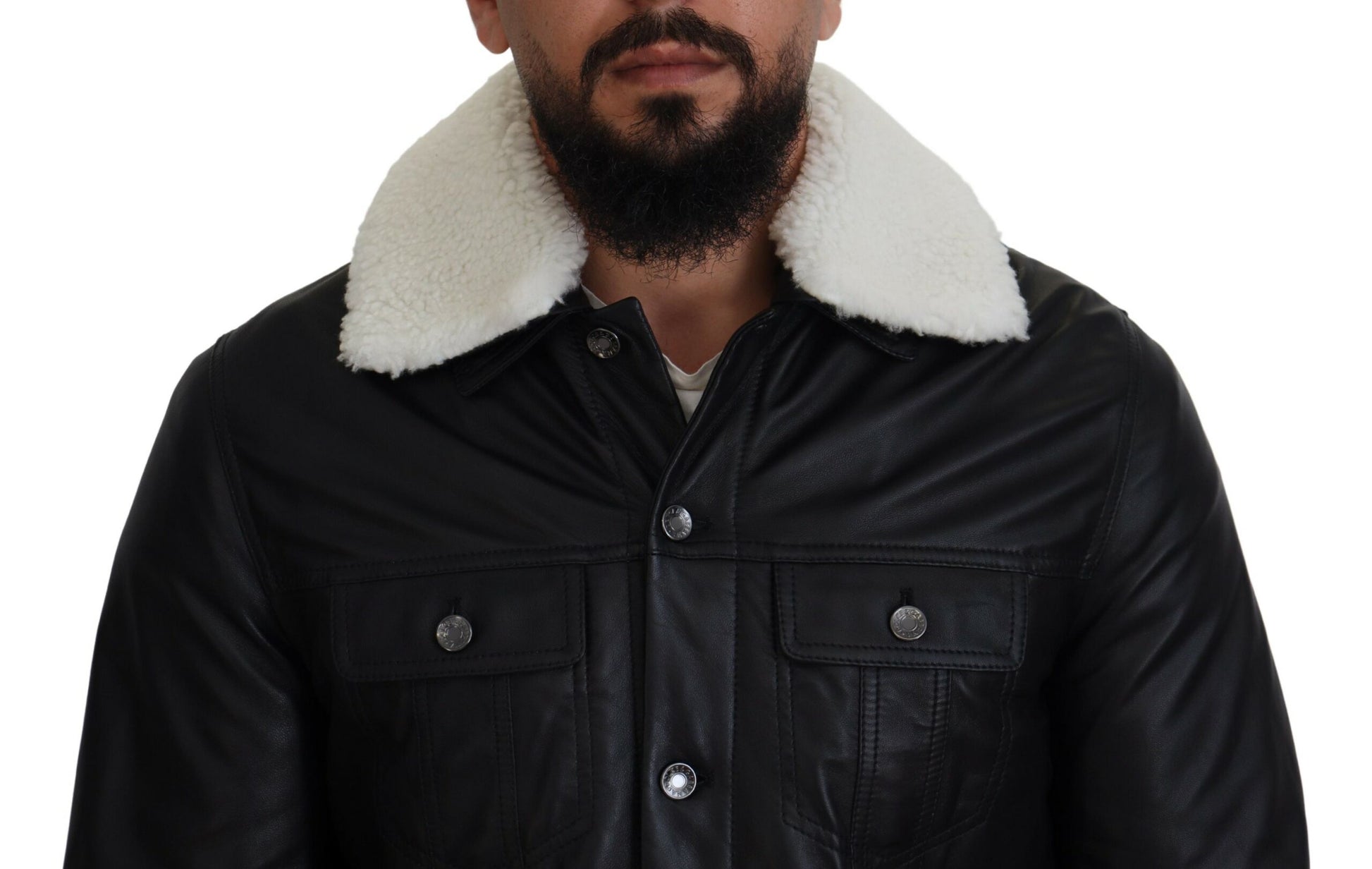 Black Lamb Leather Collared Men Coat Jacket-Dolce & Gabbana-LabelTerrace.com