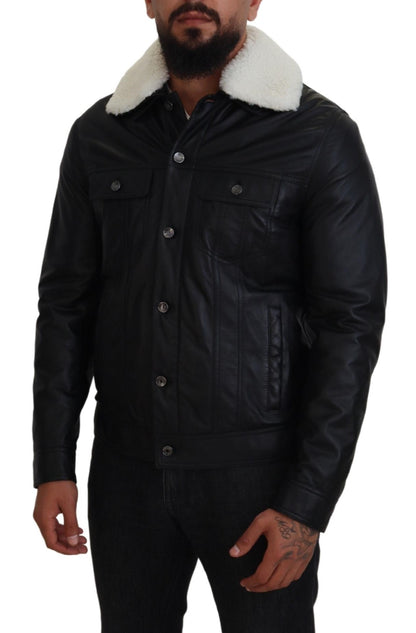 Black Lamb Leather Collared Men Coat Jacket-Dolce & Gabbana-LabelTerrace.com