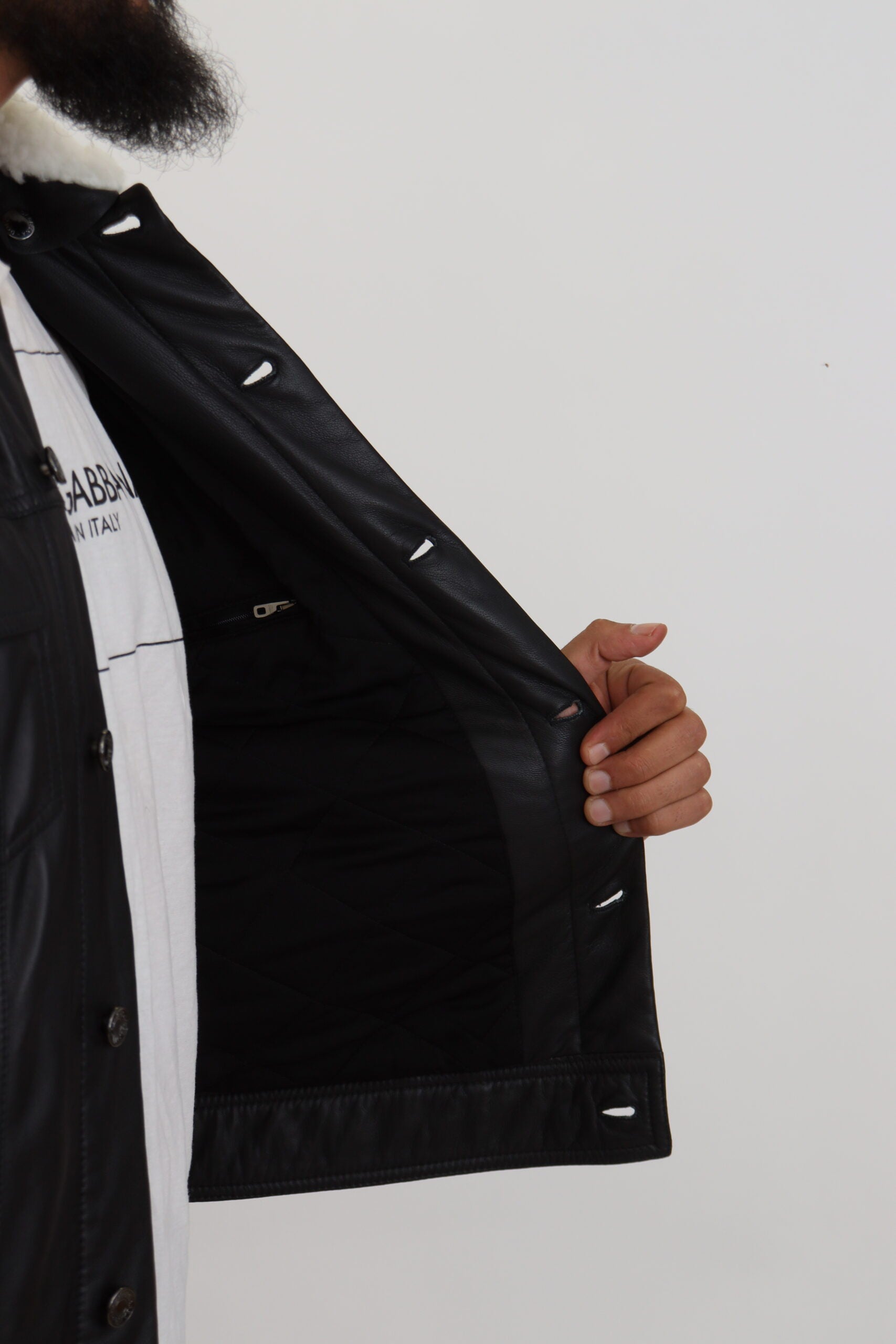 Black Lamb Leather Collared Men Coat Jacket-Dolce & Gabbana-LabelTerrace.com