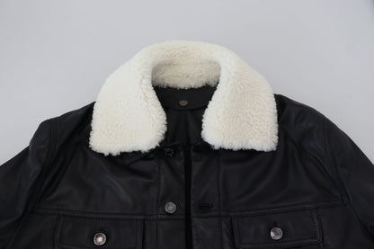 Black Lamb Leather Collared Men Coat Jacket-Dolce & Gabbana-LabelTerrace.com
