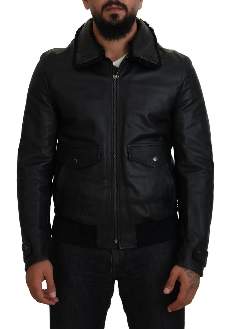 Black Lamb Leather Collared Men Coat Jacket-Dolce & Gabbana-LabelTerrace.com