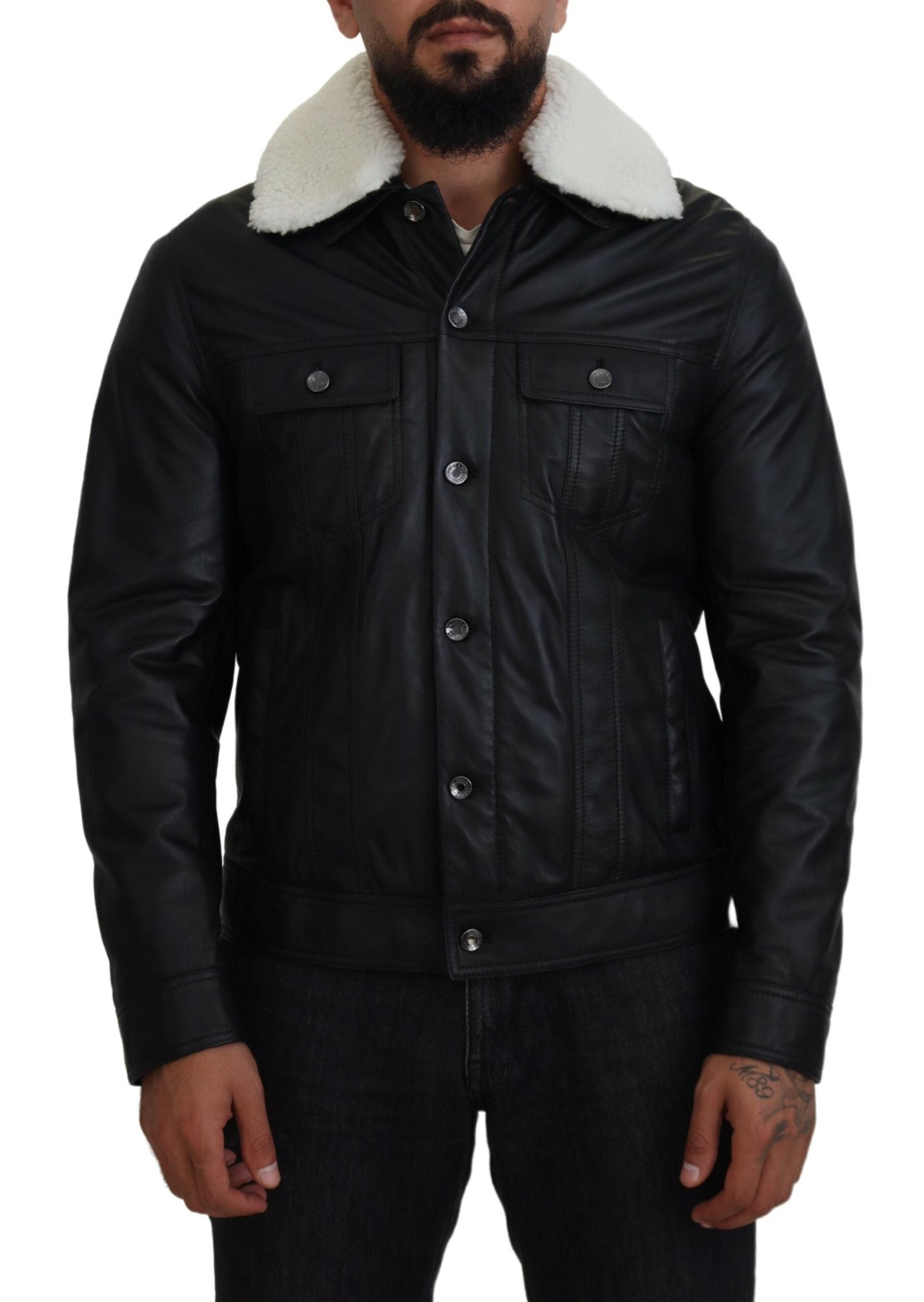 Black Lamb Leather Collared Men Coat Jacket-Dolce & Gabbana-LabelTerrace.com