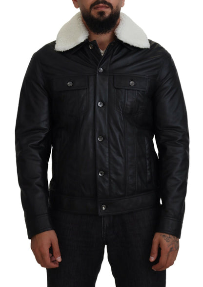 Black Lamb Leather Collared Men Coat Jacket-Dolce & Gabbana-LabelTerrace.com