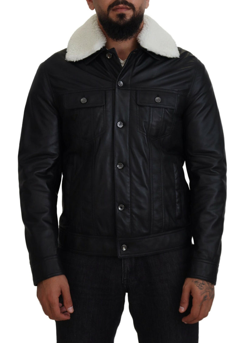 Black Lamb Leather Collared Men Coat Jacket-Dolce & Gabbana-LabelTerrace.com