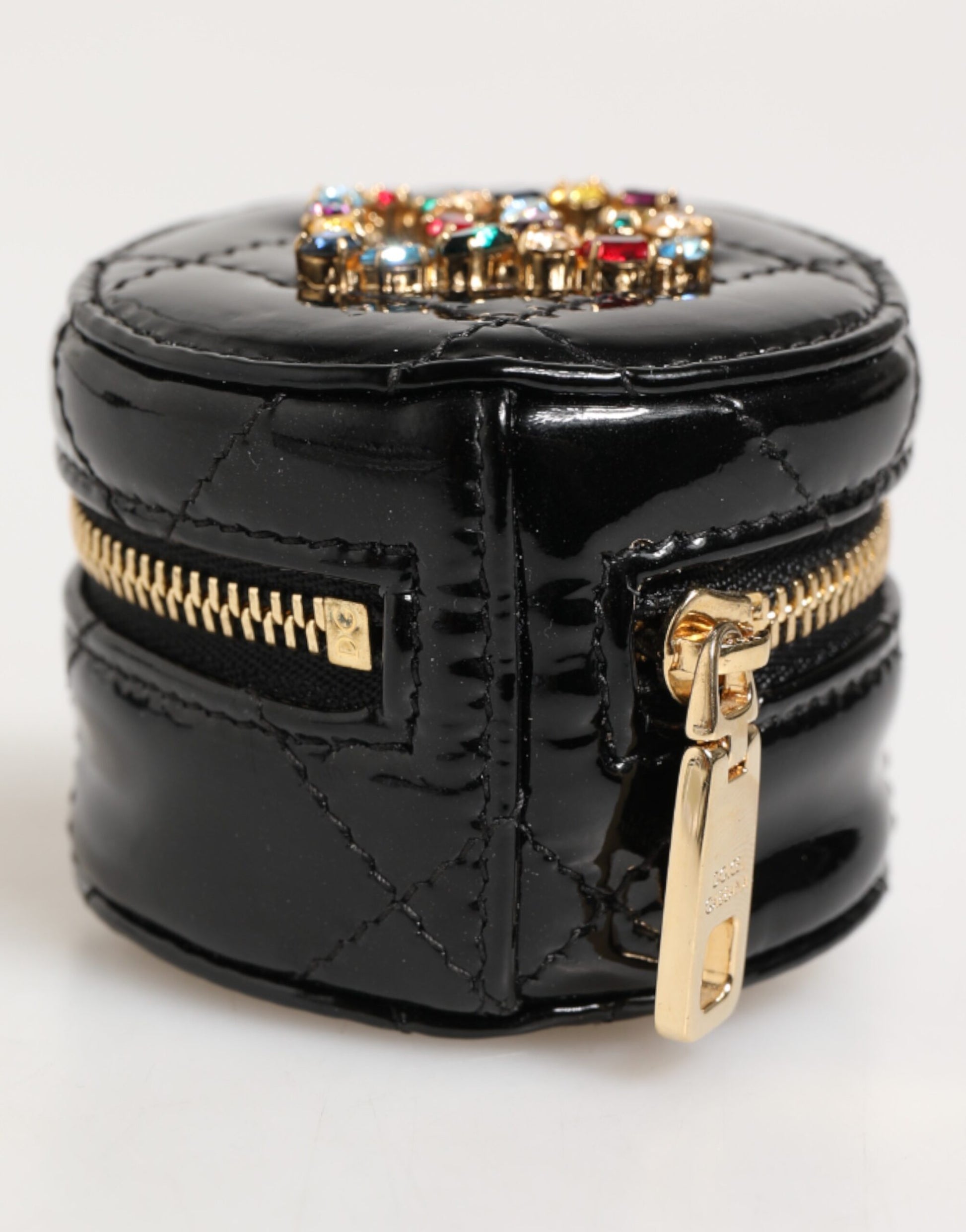 Black Lamb Leather DG Crystal Logo Round Coin Purse Wallet
