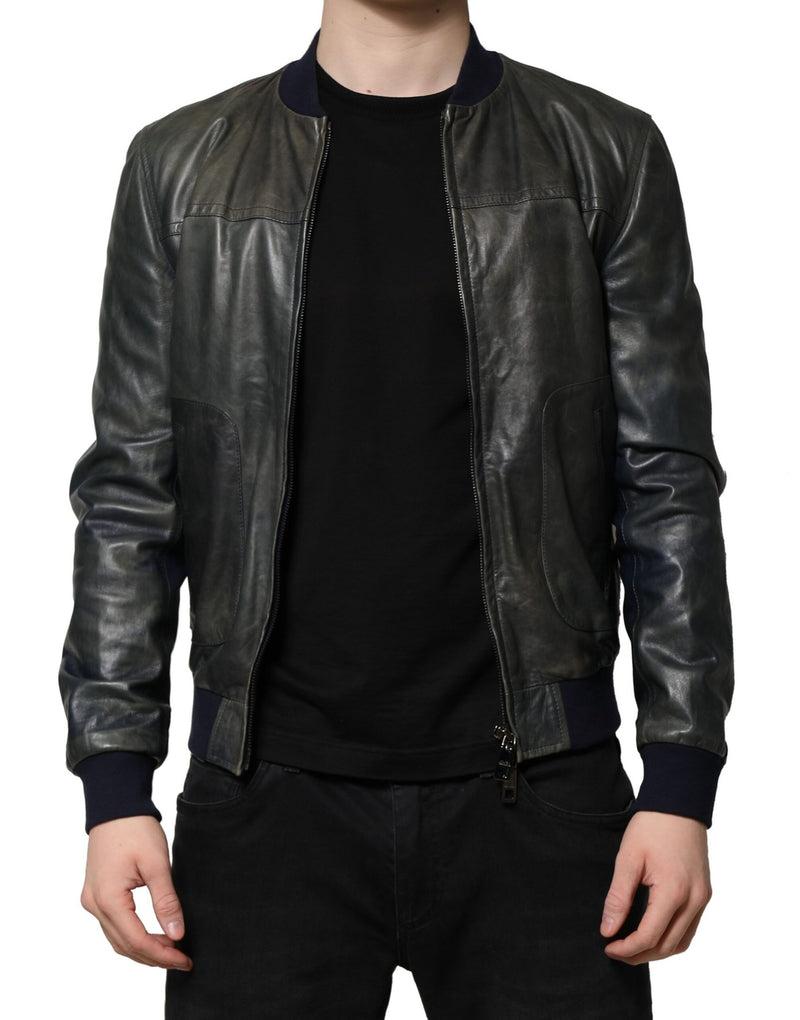 Black Lambskin Leather Biker Full Zip Jacket-Dolce & Gabbana-LabelTerrace.com