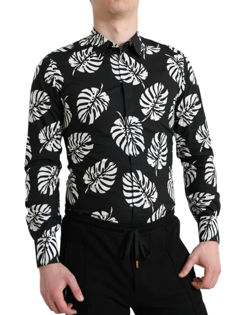 Black Leaf Cotton Men Formal GOLD Dress Shirt-Dolce & Gabbana-LabelTerrace.com