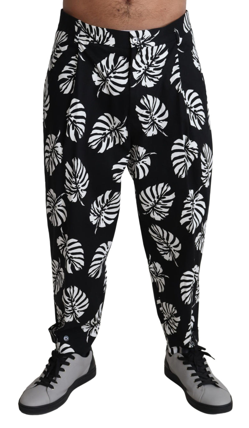 Black Leaf Cotton Stretch Trouser Pants Pants-Dolce & Gabbana-LabelTerrace.com