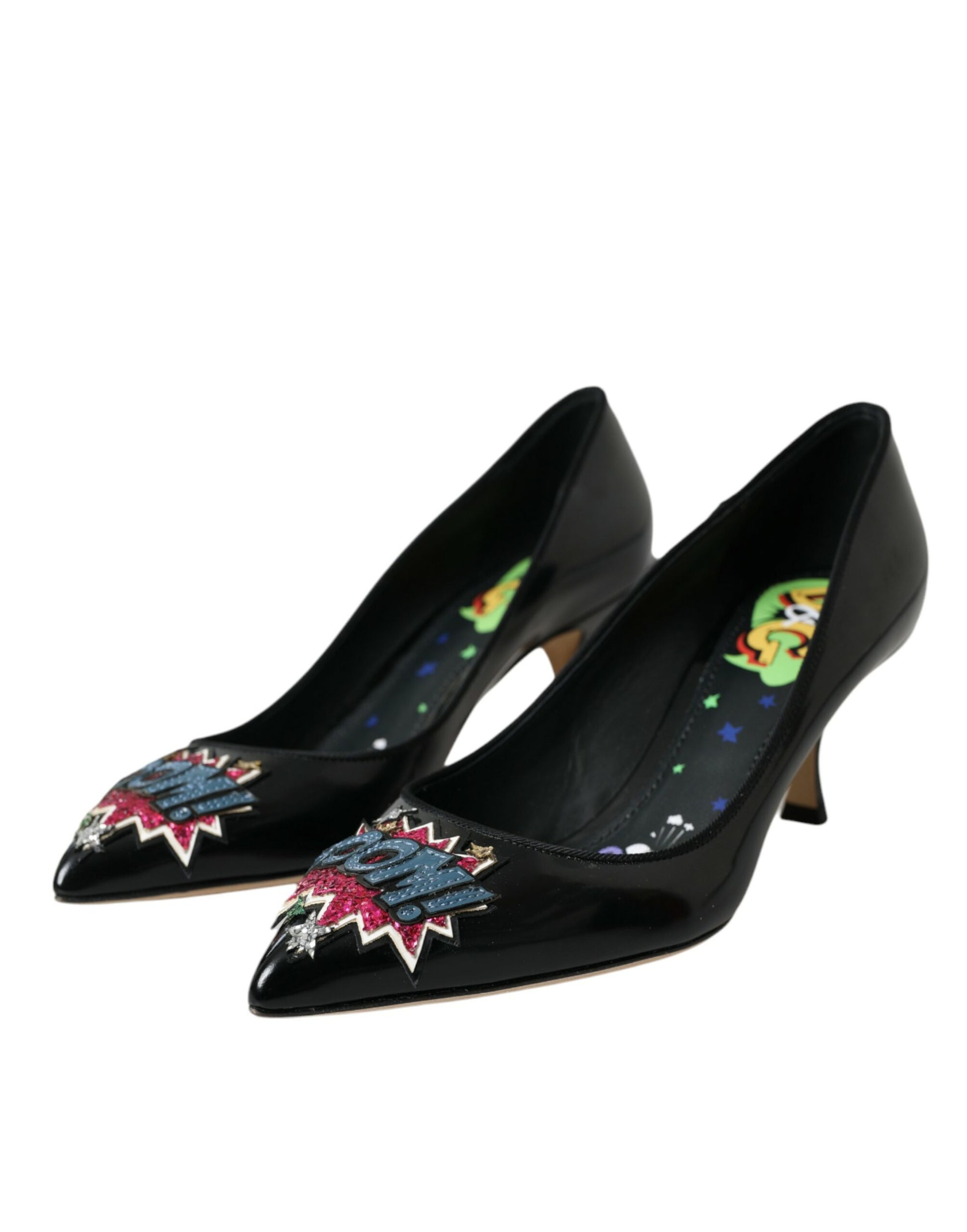 Black Leather BOOM Patch Heels Pumps Shoes-Dolce & Gabbana-LabelTerrace.com