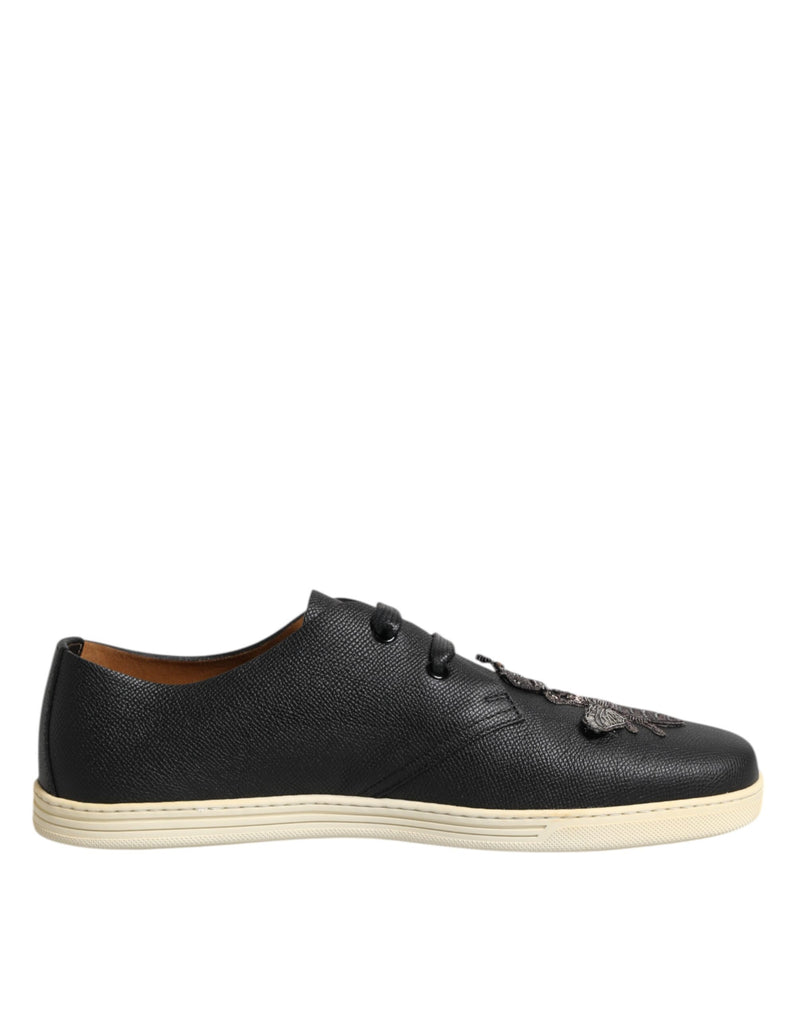 Black Leather Bee Crown Low Top Sneakers Shoes-Dolce & Gabbana-LabelTerrace.com