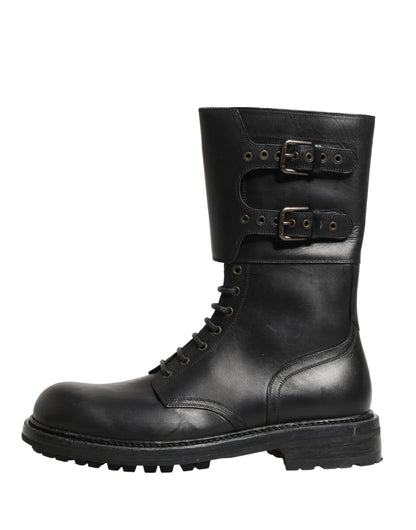 Black Leather Belted Buckle Combat Boots Shoes