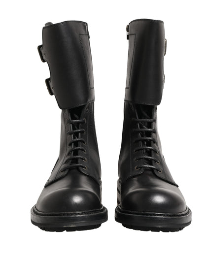 Black Leather Belted Buckle Combat Boots Shoes