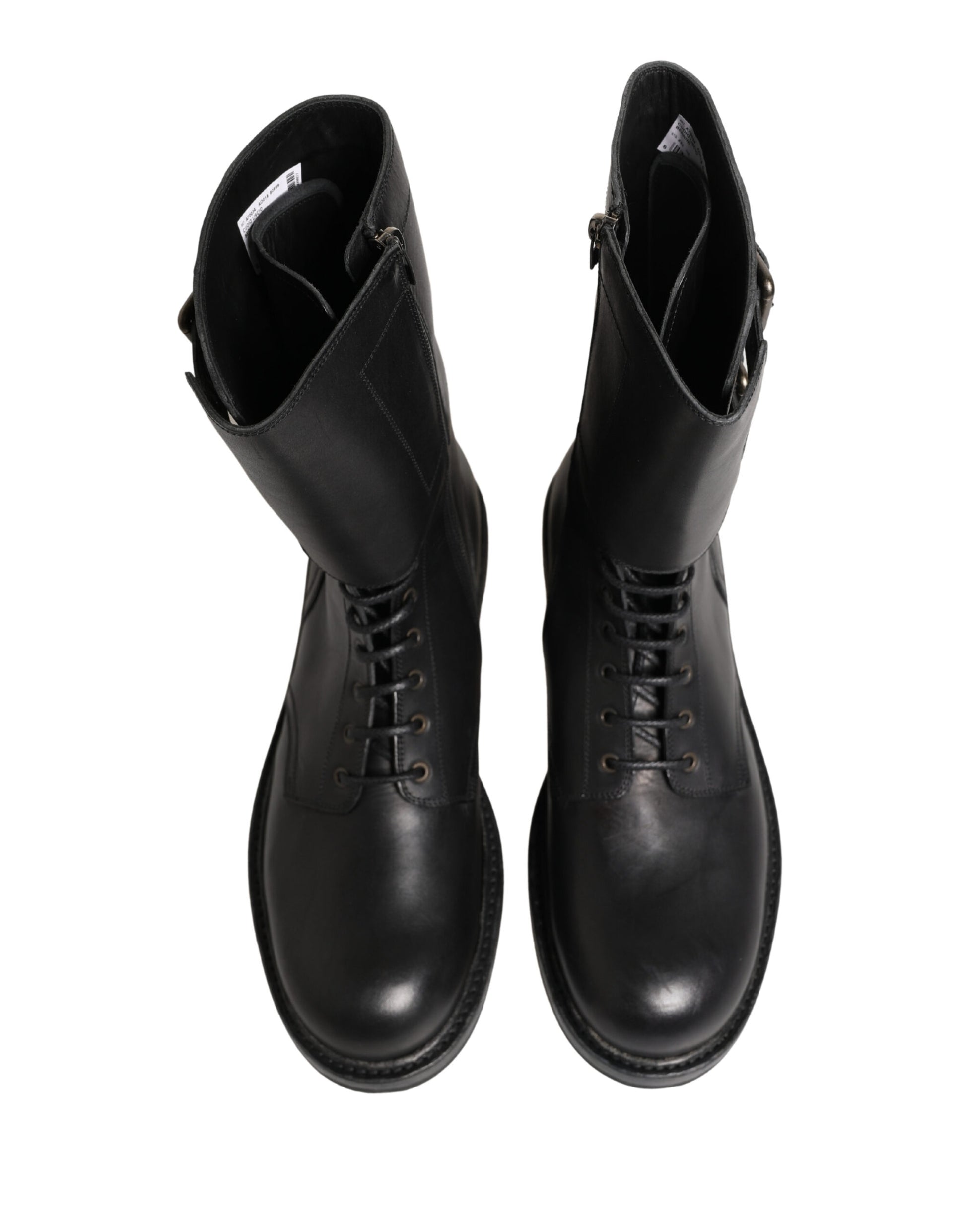 Black Leather Belted Buckle Combat Boots Shoes