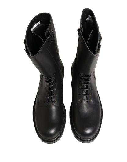 Black Leather Belted Buckle Combat Boots Shoes