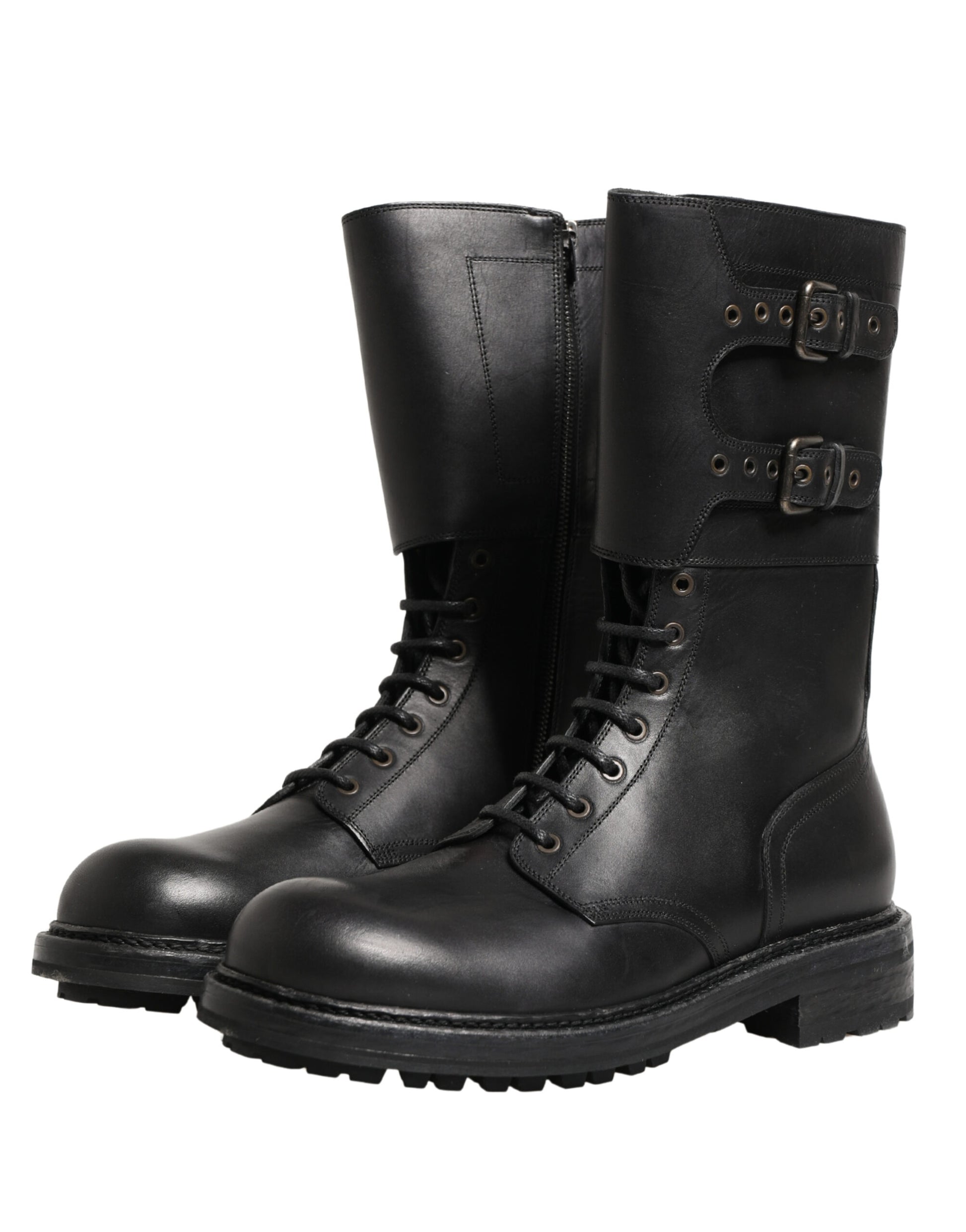 Black Leather Belted Buckle Combat Boots Shoes