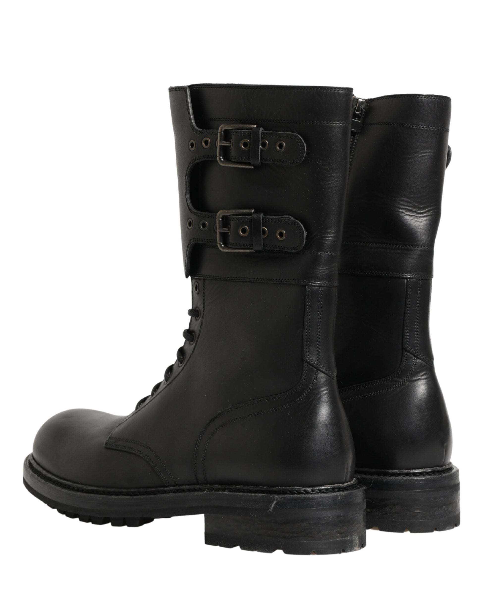 Black Leather Belted Buckle Combat Boots Shoes
