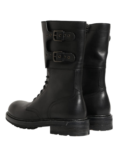 Black Leather Belted Buckle Combat Boots Shoes