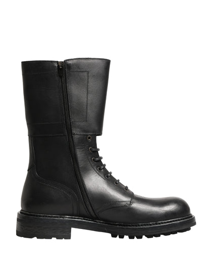 Black Leather Belted Buckle Combat Boots Shoes