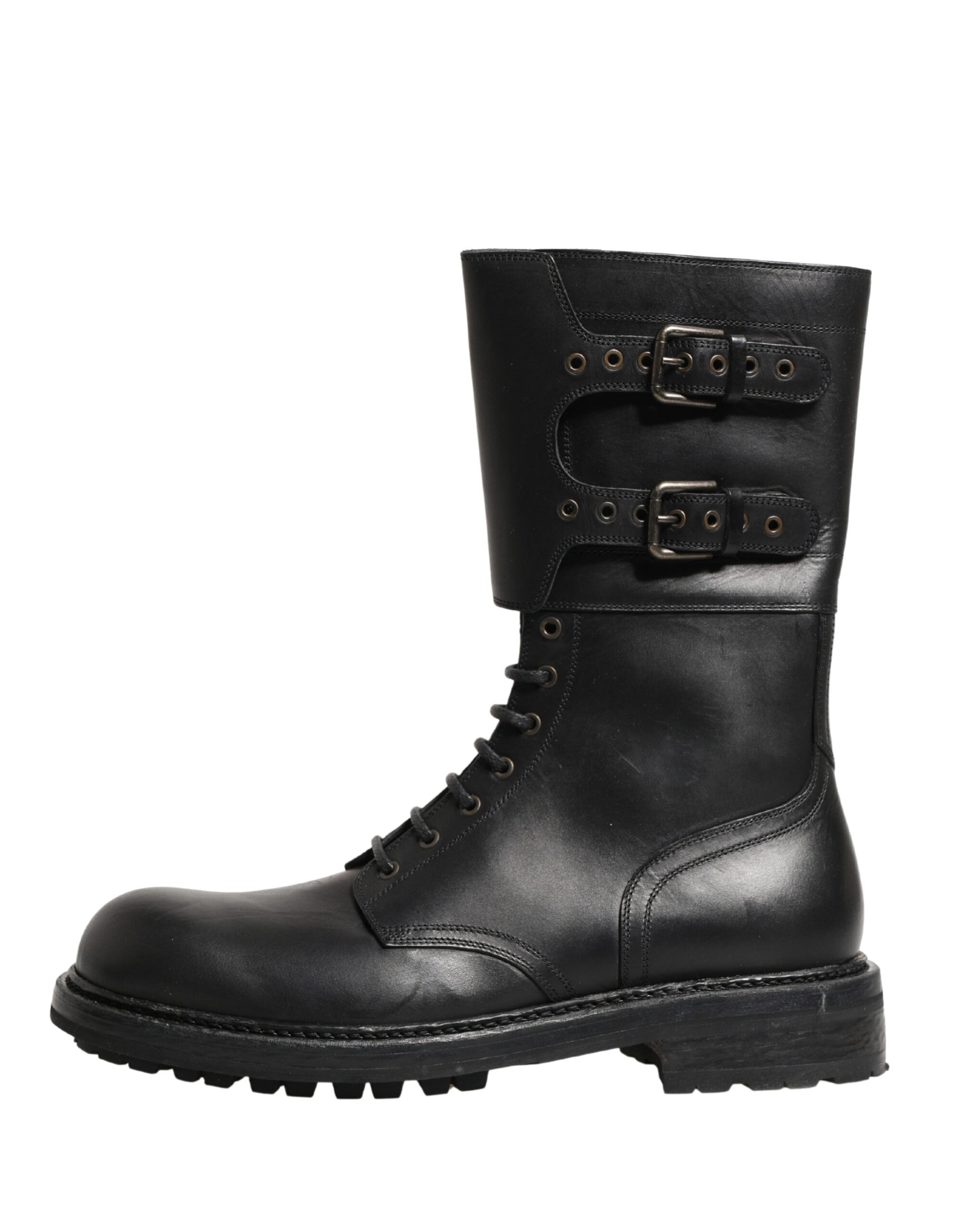 Black Leather Belted Buckle Combat Boots Shoes