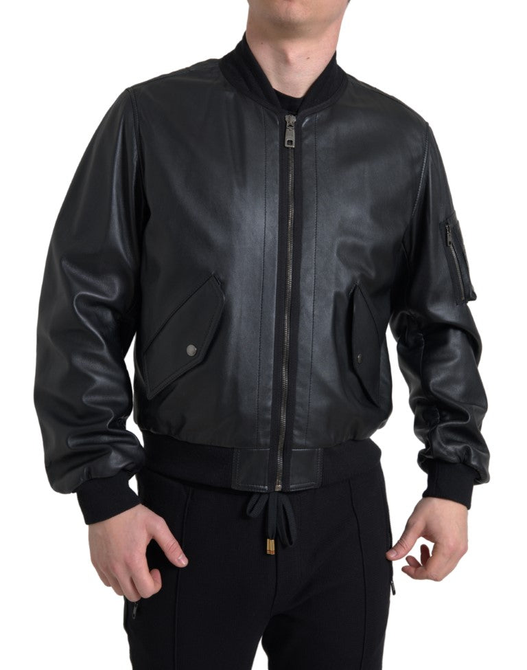 Black Leather Blouson Full Zip Bomber Jacket-Dolce & Gabbana-LabelTerrace.com