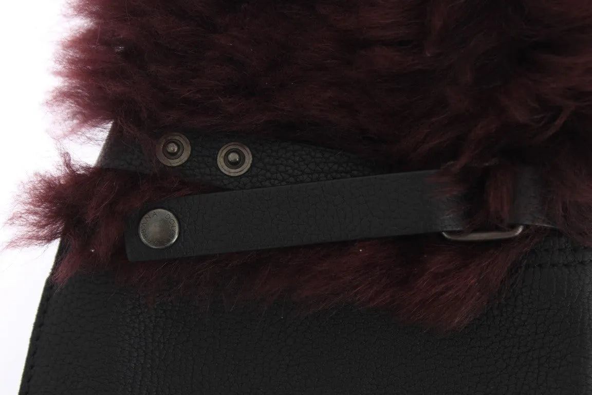 Black Leather Bordeaux Shearling Gloves-Dolce & Gabbana-LabelTerrace.com