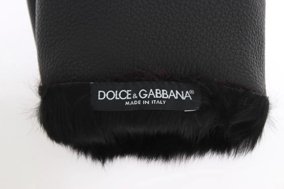 Black Leather Bordeaux Shearling Gloves-Dolce & Gabbana-LabelTerrace.com