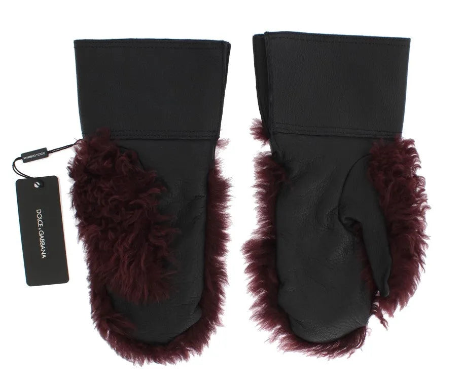 Black Leather Bordeaux Shearling Gloves-Dolce & Gabbana-LabelTerrace.com