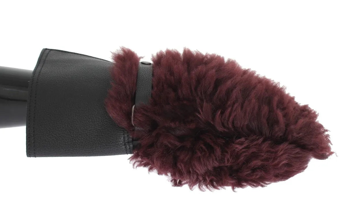 Black Leather Bordeaux Shearling Gloves-Dolce & Gabbana-LabelTerrace.com