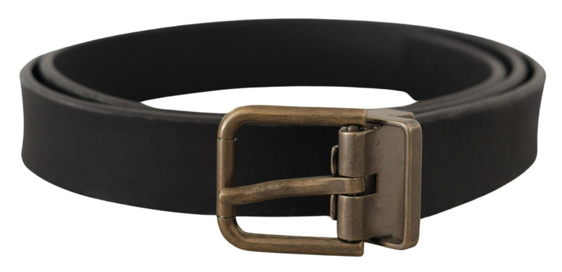 Black Leather Brass Metal Grain Buckle Classic Belt-Dolce & Gabbana-LabelTerrace.com