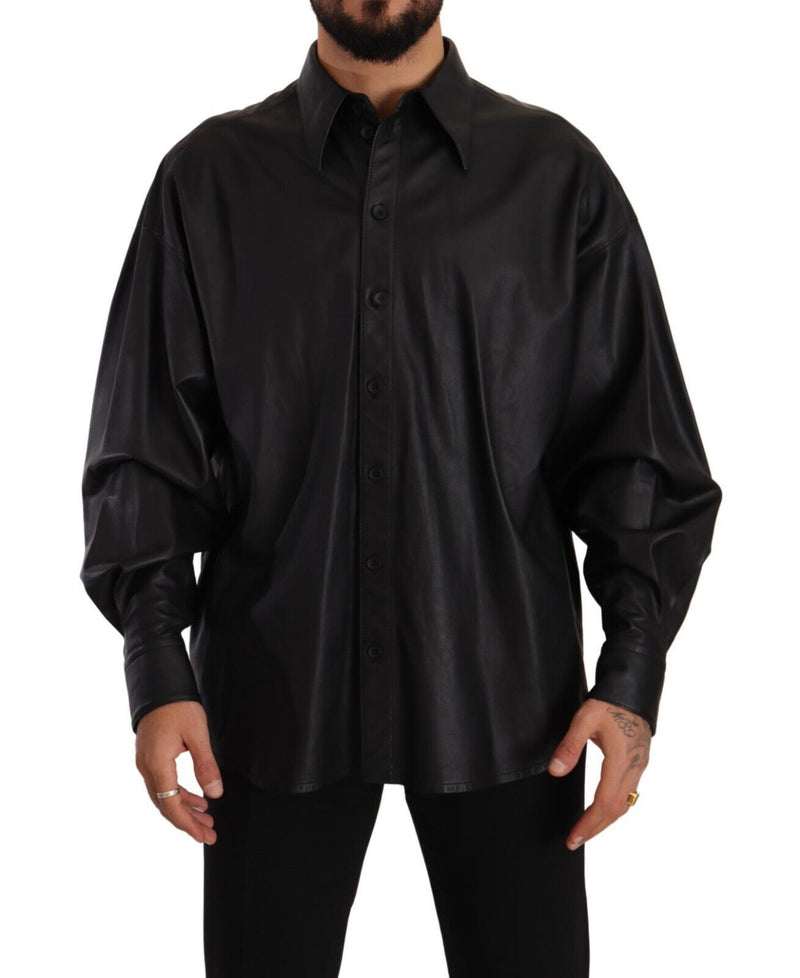 Black Leather Button Down Men Collared Jacket-Dolce & Gabbana-LabelTerrace.com