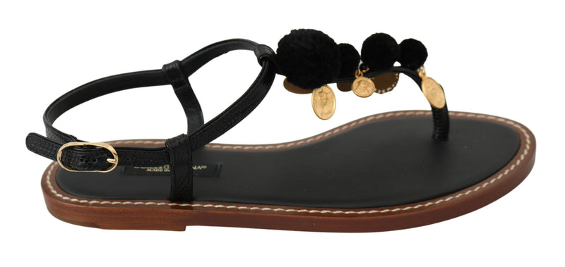 Black Leather Coins Flip Flops Sandals Shoes-Dolce & Gabbana-LabelTerrace.com