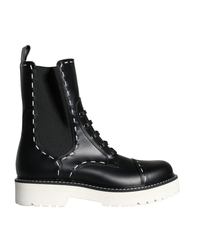 Black Leather Combat Mid Calf Boots Shoes-Dolce & Gabbana-LabelTerrace.com