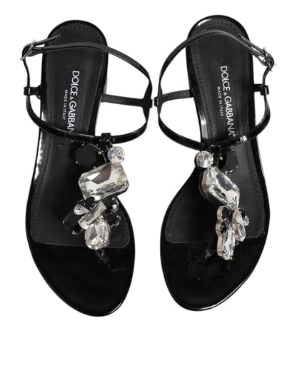 Black Leather Crystal Ankle Strap Sandals Shoes-Dolce & Gabbana-LabelTerrace.com