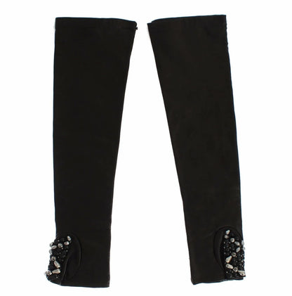 Black Leather Crystal Beaded Finger Free Gloves-Dolce & Gabbana-LabelTerrace.com