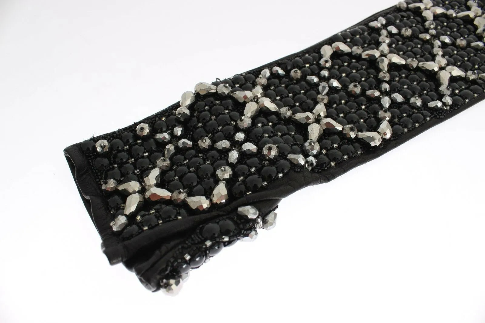 Black Leather Crystal Beaded Finger Free Gloves-Dolce & Gabbana-LabelTerrace.com