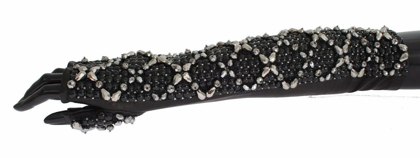 Black Leather Crystal Beaded Finger Free Gloves-Dolce & Gabbana-LabelTerrace.com