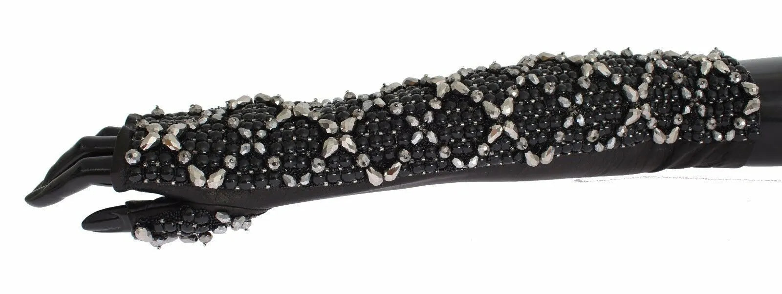 Black Leather Crystal Beaded Finger Free Gloves-Dolce & Gabbana-LabelTerrace.com