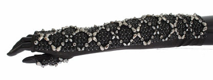 Black Leather Crystal Beaded Finger Free Gloves-Dolce & Gabbana-LabelTerrace.com