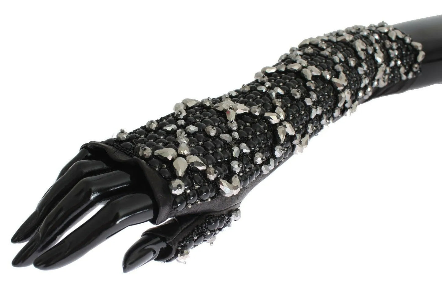 Black Leather Crystal Beaded Finger Free Gloves-Dolce & Gabbana-LabelTerrace.com