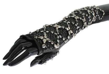 Black Leather Crystal Beaded Finger Free Gloves-Dolce & Gabbana-LabelTerrace.com