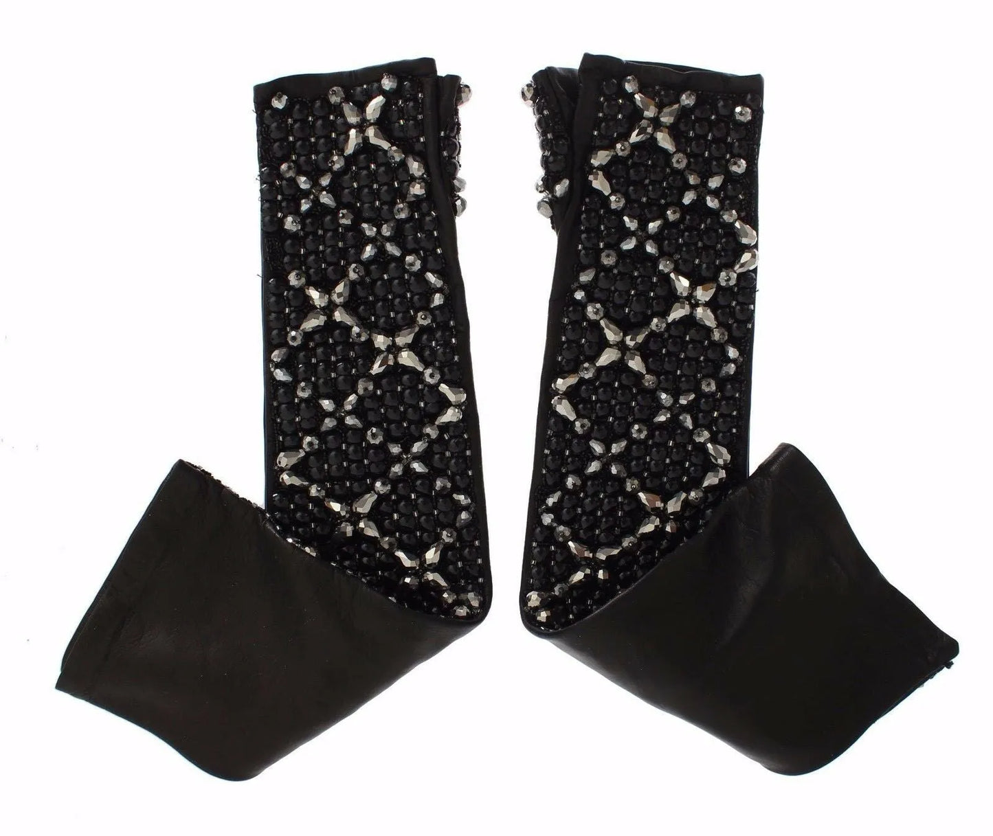 Black Leather Crystal Beaded Finger Free Gloves-Dolce & Gabbana-LabelTerrace.com
