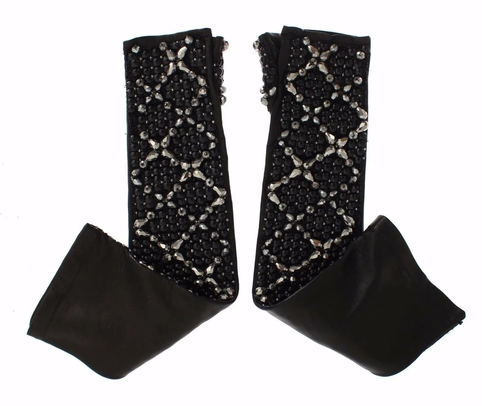 Black Leather Crystal Beaded Finger Free Gloves-Dolce & Gabbana-LabelTerrace.com